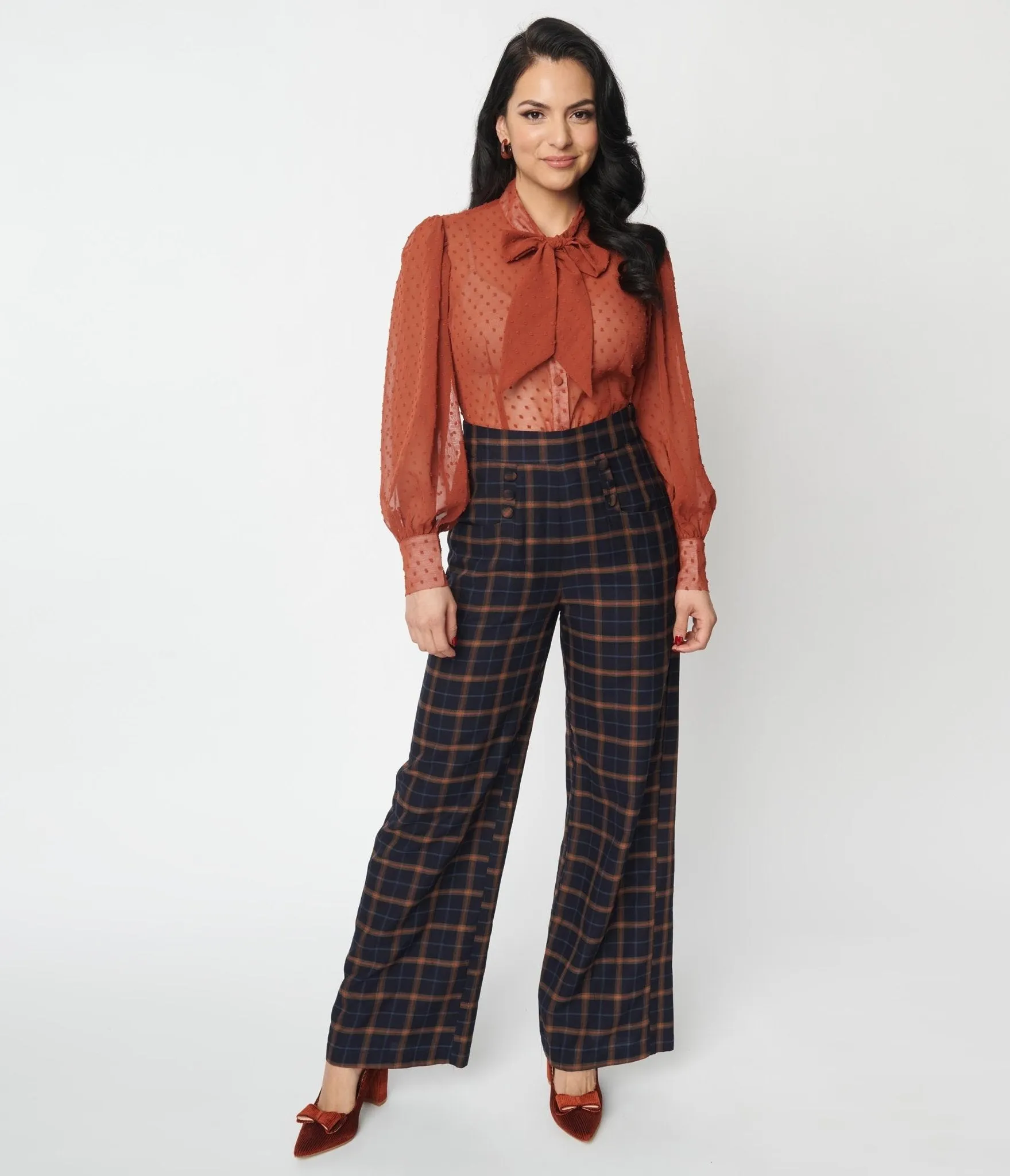 Unique Vintage 1940s Navy & Orange Plaid High Waist Sailor Ginger Pants