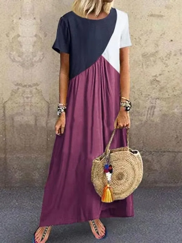 Versatile Color Block Swing Maxi Dress for Women - Green/Purple/Yellow