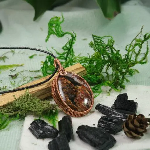 Very Unique Petrified Wood Moss in Copper Wire Wrapping~ Includes Necklace Cord