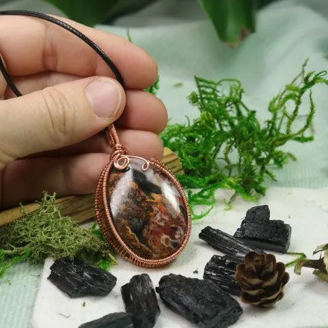 Very Unique Petrified Wood Moss in Copper Wire Wrapping~ Includes Necklace Cord