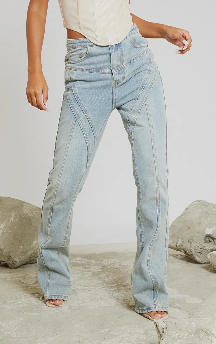 Vintage Wash Seam Detail Long Leg Straight Jeans