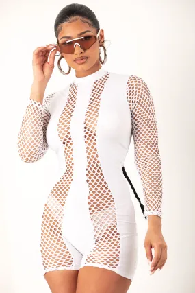 White Fishnet Biker Romper