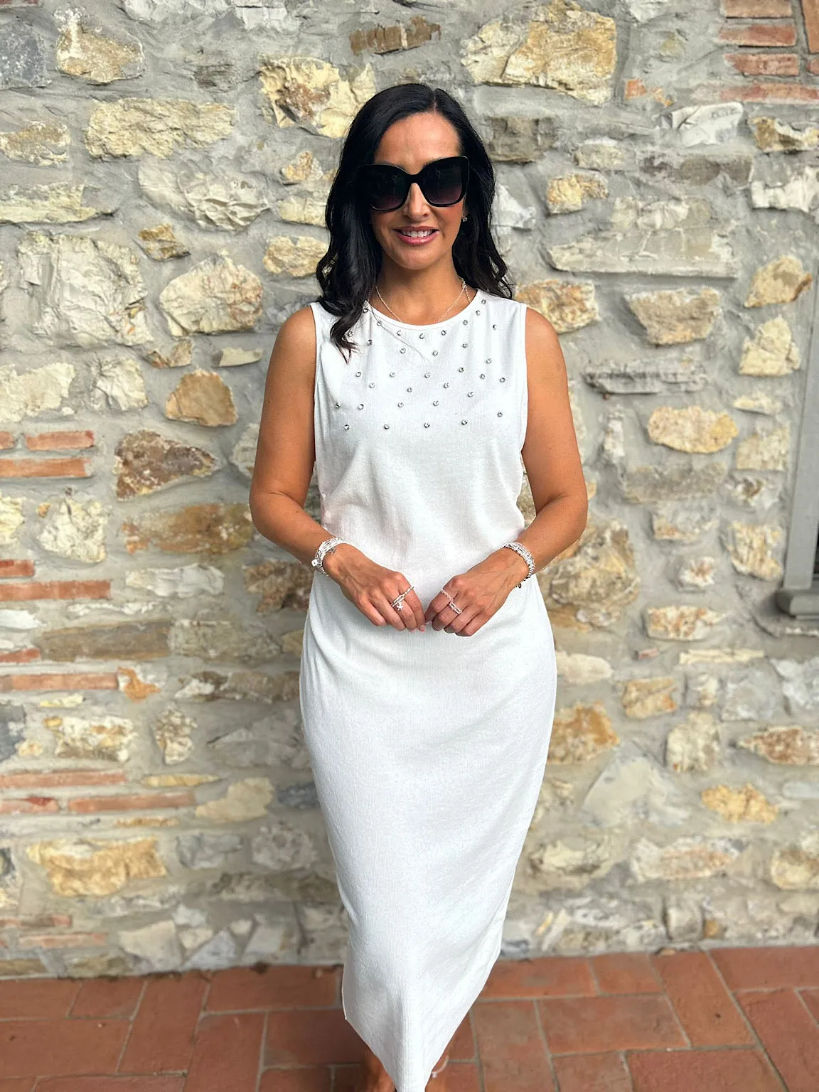 White Sleeveless Cotton Embellished Dress Isabella