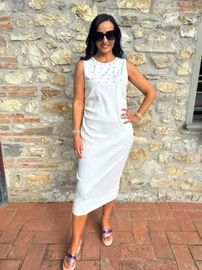 White Sleeveless Cotton Embellished Dress Isabella