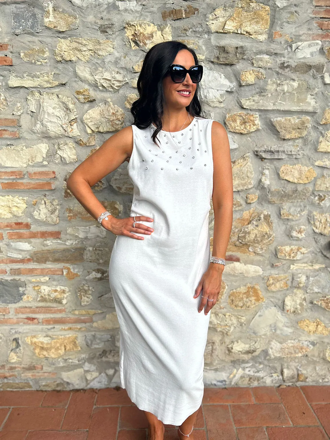 White Sleeveless Cotton Embellished Dress Isabella