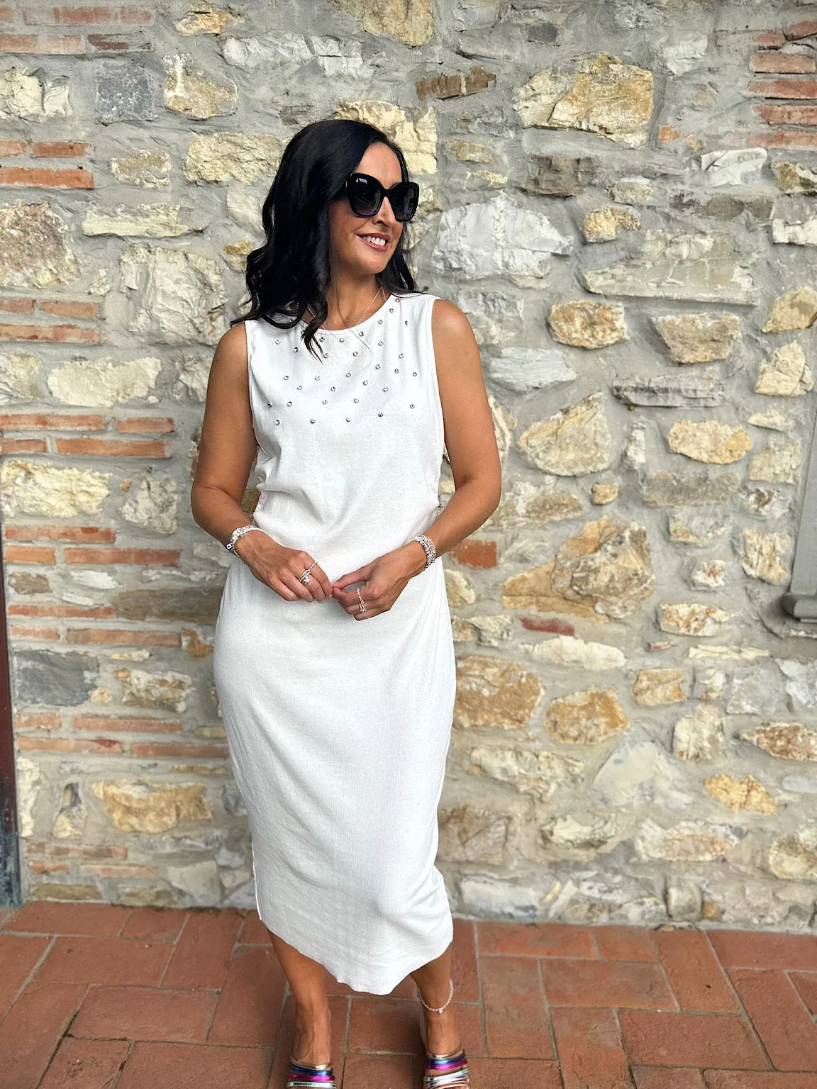 White Sleeveless Cotton Embellished Dress Isabella