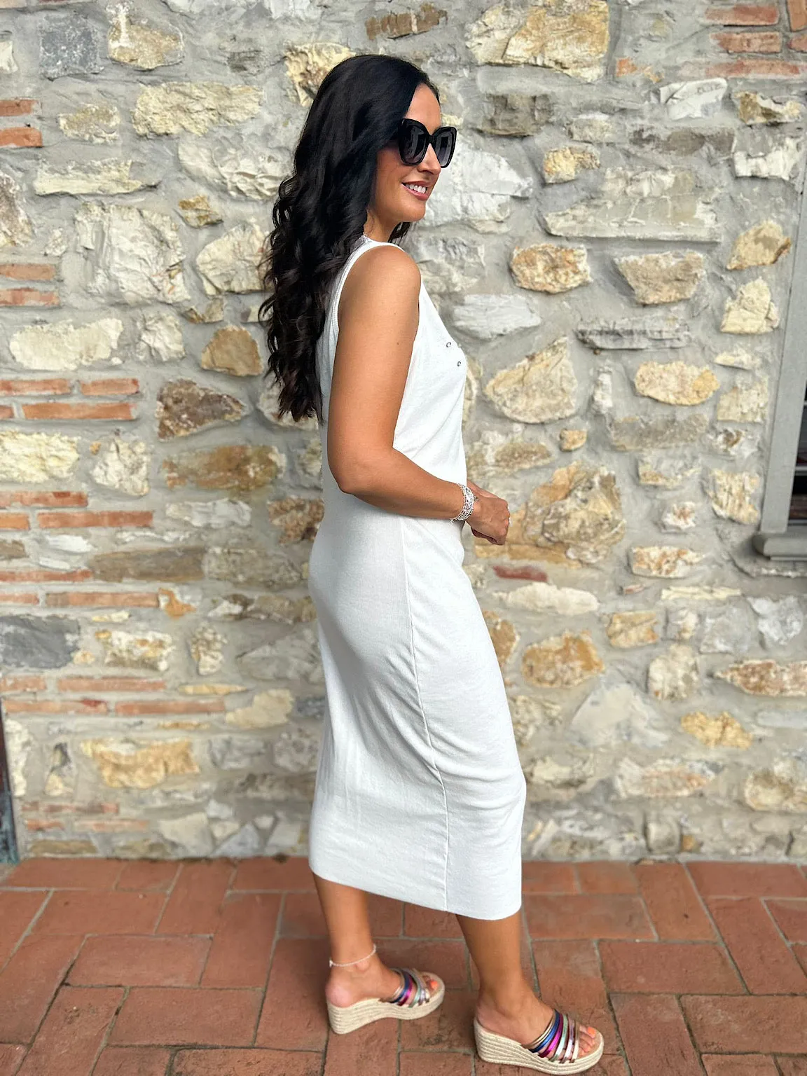 White Sleeveless Cotton Embellished Dress Isabella