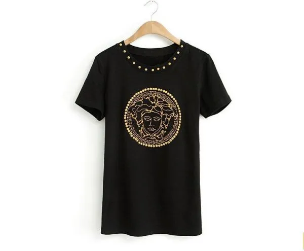 Women's T shirt with Gold Studded Medusa Design on Front