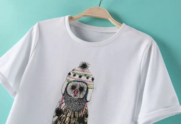 Women's T shirt with Owl Embroidery Design on Front