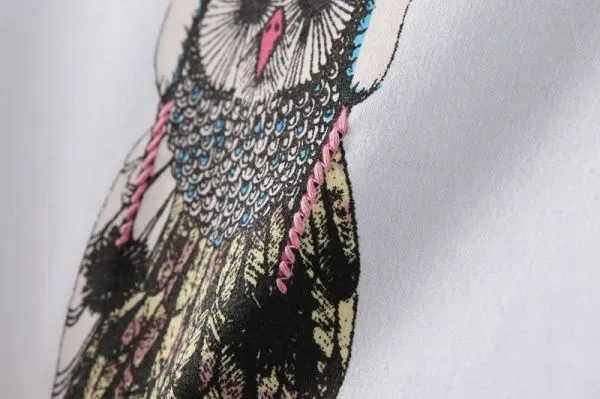 Women's T shirt with Owl Embroidery Design on Front