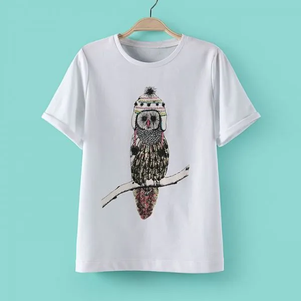 Women's T shirt with Owl Embroidery Design on Front